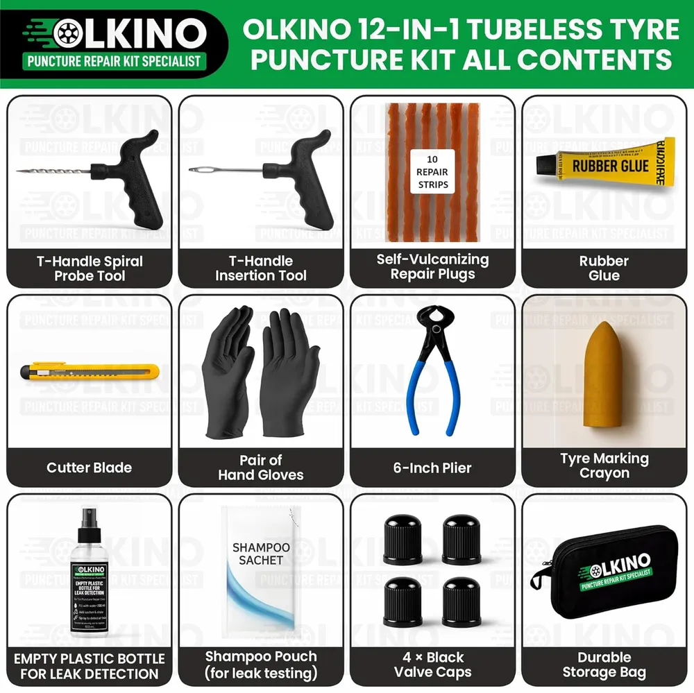 OLKINO 12-in-1 Tubeless Tyre Puncture Repair Kit for Cars & Bikes | Heavy-Duty T-Handle Tools & 10 High-Grip Repair Strips | with Plier, Solution, Cutter, Gloves (with Storage Bag)