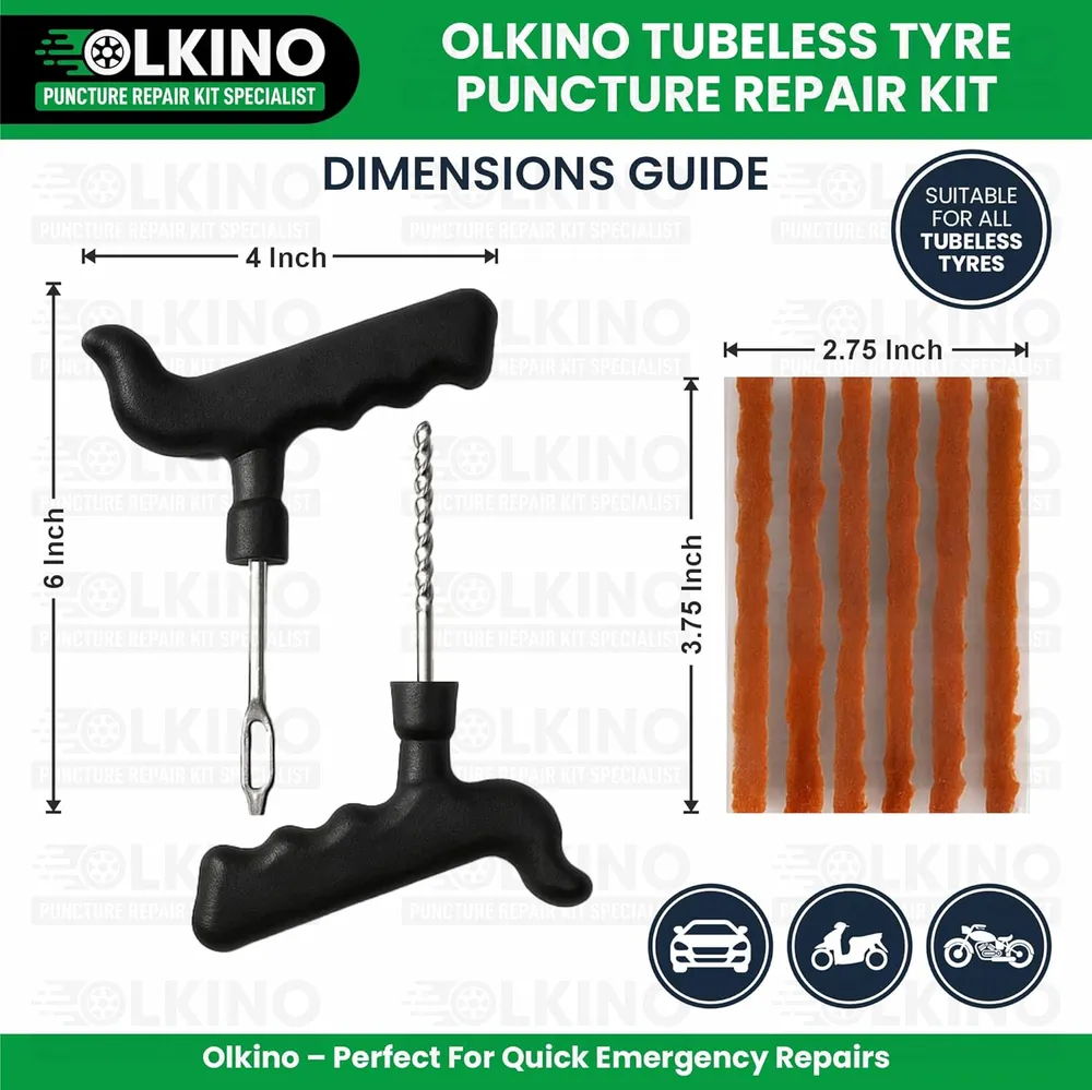 OLKINO 12-in-1 Tubeless Tyre Puncture Repair Kit for Cars & Bikes | Heavy-Duty T-Handle Tools & 10 High-Grip Repair Strips | with Plier, Solution, Cutter, Gloves (with Storage Bag)