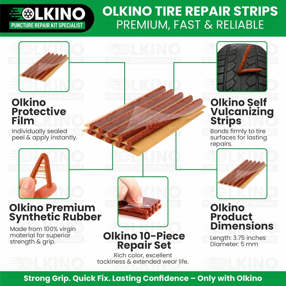 OLKINO 12-in-1 Tubeless Tyre Puncture Repair Kit for Cars & Bikes | Heavy-Duty T-Handle Tools & 10 High-Grip Repair Strips | with Plier, Solution, Cutter, Gloves (with Storage Bag)
