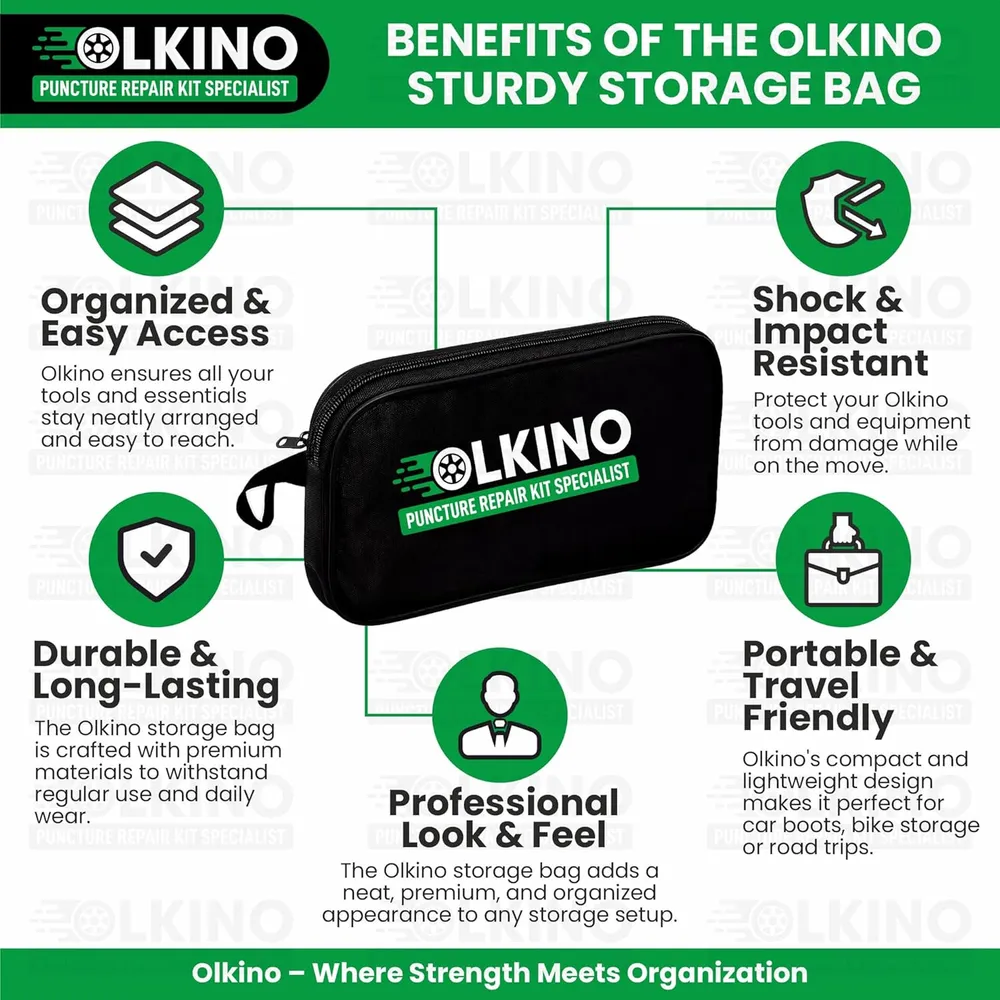 OLKINO 12-in-1 Tubeless Tyre Puncture Repair Kit for Cars & Bikes | Heavy-Duty T-Handle Tools & 10 High-Grip Repair Strips | with Plier, Solution, Cutter, Gloves (with Storage Bag)