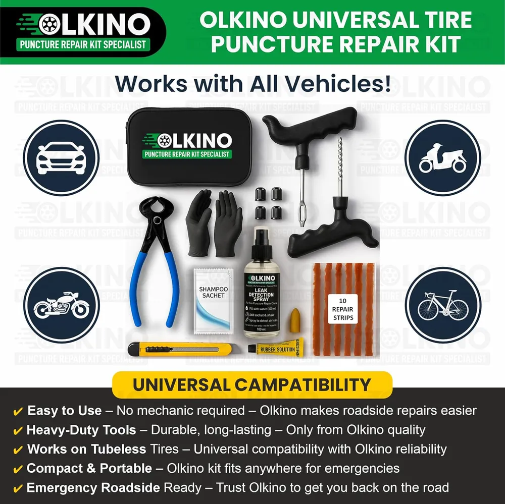 OLKINO 12-in-1 Tubeless Tyre Puncture Repair Kit for Cars & Bikes | Heavy-Duty T-Handle Tools & 10 High-Grip Repair Strips | with Plier, Solution, Cutter, Gloves (with Storage Bag)