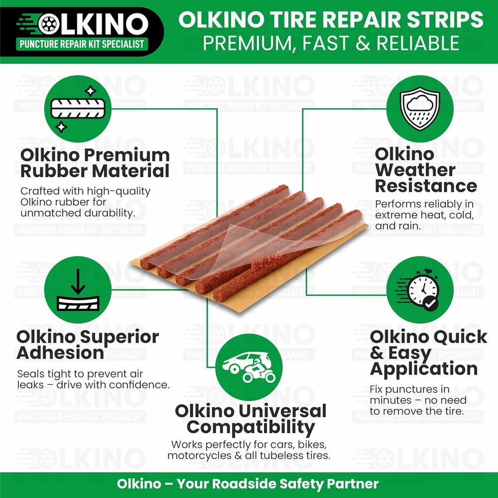 OLKINO 12-in-1 Tubeless Tyre Puncture Repair Kit for Cars & Bikes | Heavy-Duty T-Handle Tools & 10 High-Grip Repair Strips | with Plier, Solution, Cutter, Gloves (with Storage Bag)