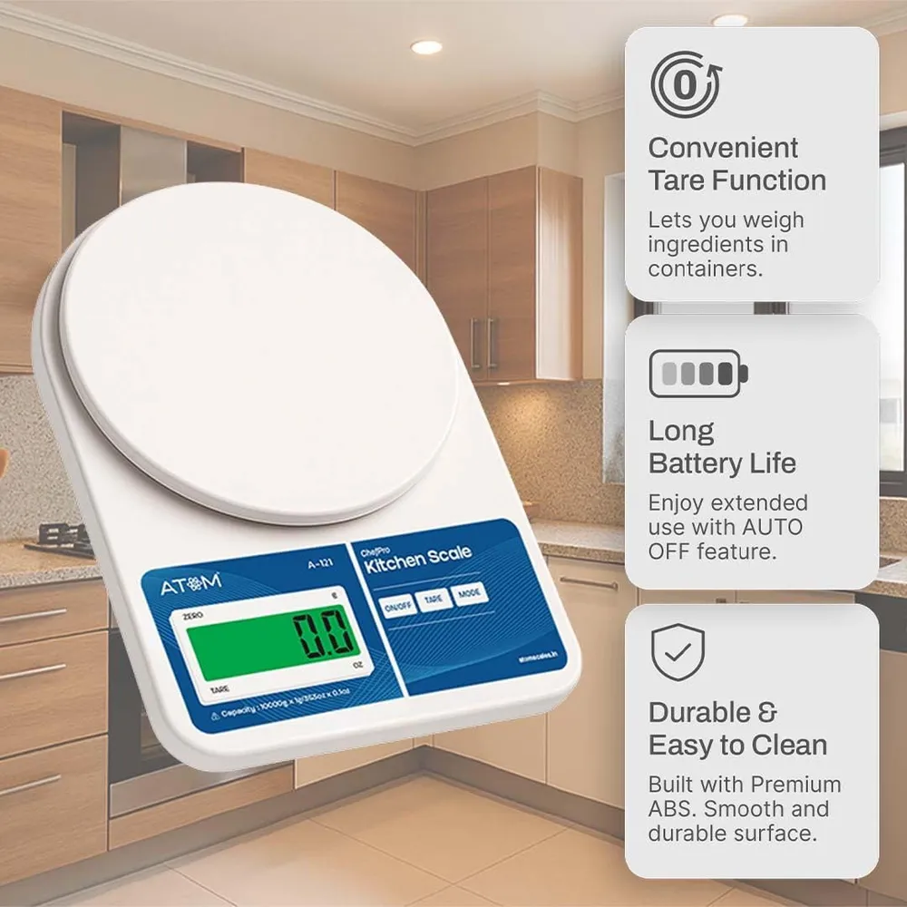 ATOM/Aliston K1 Series A121/SF-400 Digital Weighing Machine/Scale (10kg, 1g accuracy) High Precision Scale for Food with Large LCD Display, Tare Function Multi weighing mode-g, oz For Home, Kitchen