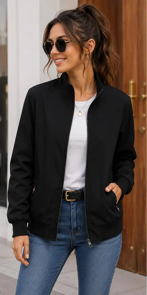 Tagas Women's Casual Bomber Jacket | Lightweight Zip-Up Jacket with Pockets | Full Sleeve Solid Color Outerwear for Winter, Travel & Daily Wear|oversized jecket|