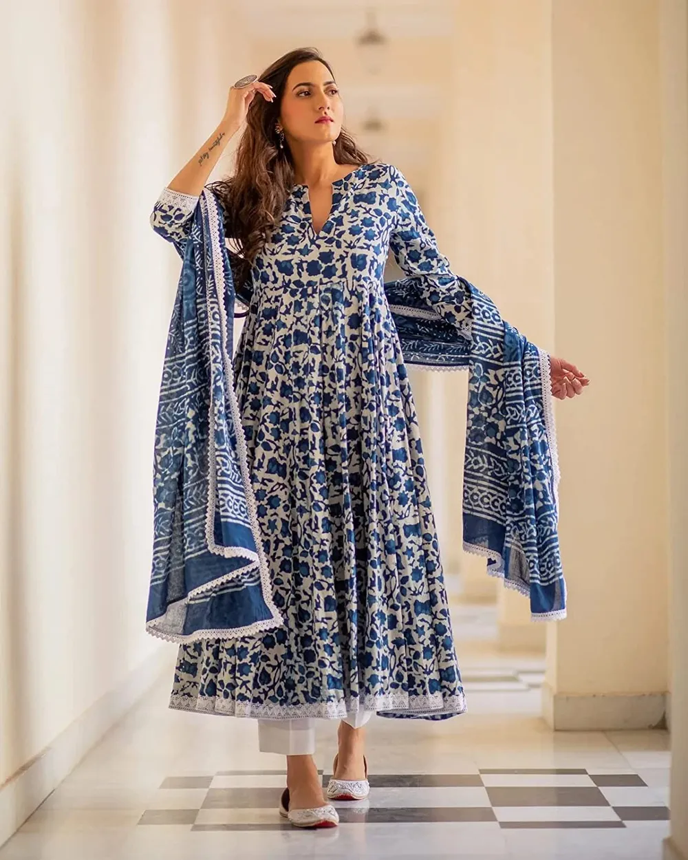 MEERA FAB Women's Cotton Printed Anarkali Kurta with Palazzo & Dupatta Set