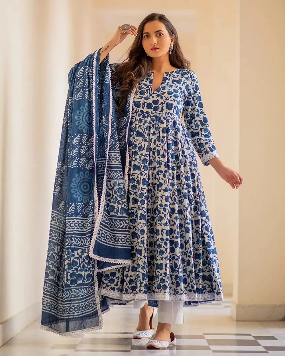 MEERA FAB Women's Cotton Printed Anarkali Kurta with Palazzo & Dupatta Set
