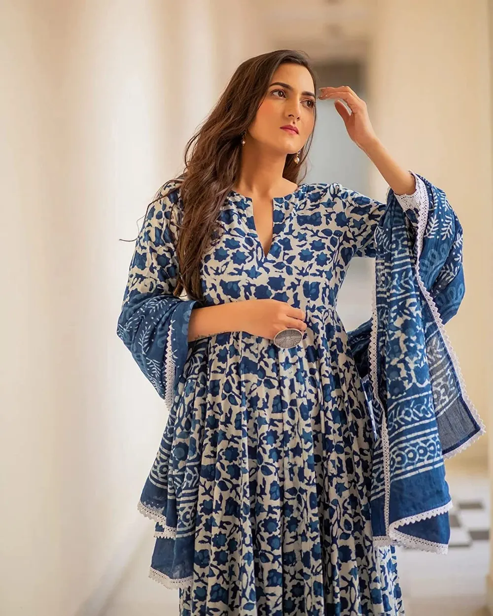 MEERA FAB Women's Cotton Printed Anarkali Kurta with Palazzo & Dupatta Set