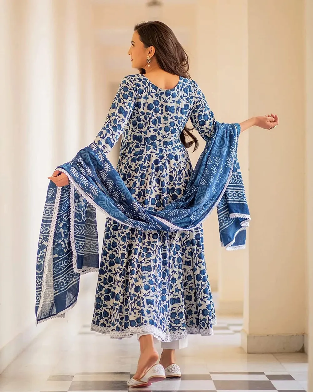 MEERA FAB Women's Cotton Printed Anarkali Kurta with Palazzo & Dupatta Set