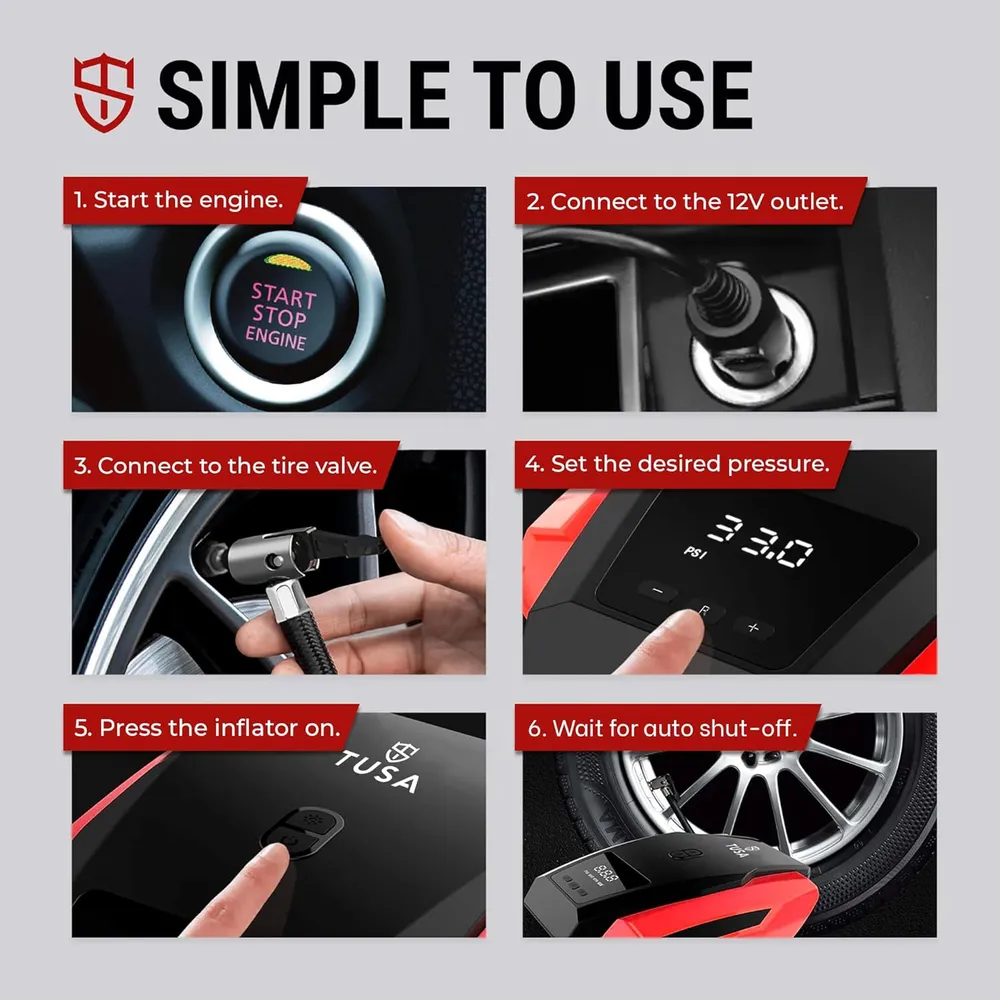 TUSA Drive X Tyre Inflator for Car - 150 PSI, 12V DC Portable Air Compressor with Digital Tire Pressure Gauge & LED Light | Car Accessories, Auto Air Pump for Cars, Motorcycle & Other Inflatables